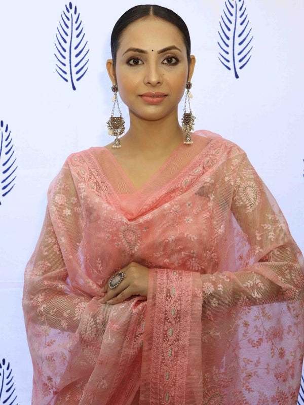 Banarasee Embroidered Chanderi Salwar Kameez With Kota Check Dupatta Set-Pink