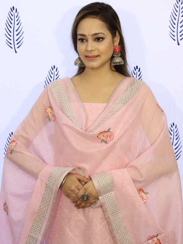 Banarasee Embroidered Chanderi Salwar Kameez With Dupatta Set-Pink
