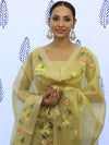 Banarasee Tissue Hand-Painted Salwar Kameez Fabric With Dupatta Set-Yellow