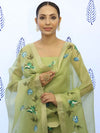 Banarasee Tissue Hand-Painted Salwar Kameez Fabric With Dupatta Set-Light Green