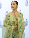 Banarasee Tissue Hand-Painted Salwar Kameez Fabric With Dupatta Set-Light Green