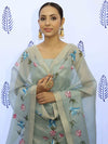 Banarasee Tissue Hand-Painted Salwar Kameez Fabric With Dupatta Set-Grey