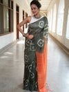 Bhagalpur Cotton Silk Ghichha Work Saree With Hand-Dyed Shibori Pattern-Green & Orange