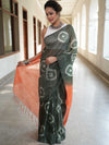 Bhagalpur Cotton Silk Ghichha Work Saree With Hand-Dyed Shibori Pattern-Green & Orange