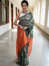 Bhagalpur Cotton Silk Ghichha Work Saree With Hand-Dyed Shibori Pattern-Green & Orange