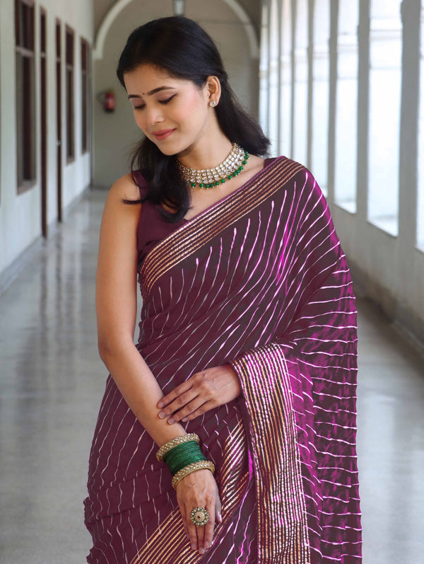 Banarasee Semi Silk Saree With Leheriya Design & Zari Border-Violet