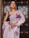 Banarasee Organza Silk Floral Printed Saree With Scallop Border-Brown
