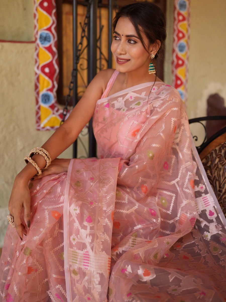 Banarasee Organza Mix Saree With Zari Jaal Design-Peach