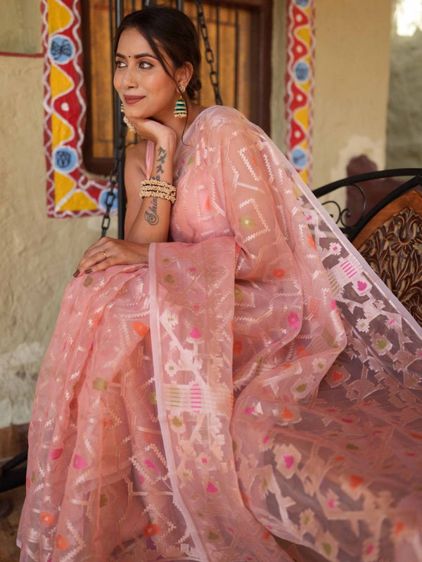 Banarasee Organza Mix Saree With Zari Jaal Design-Peach