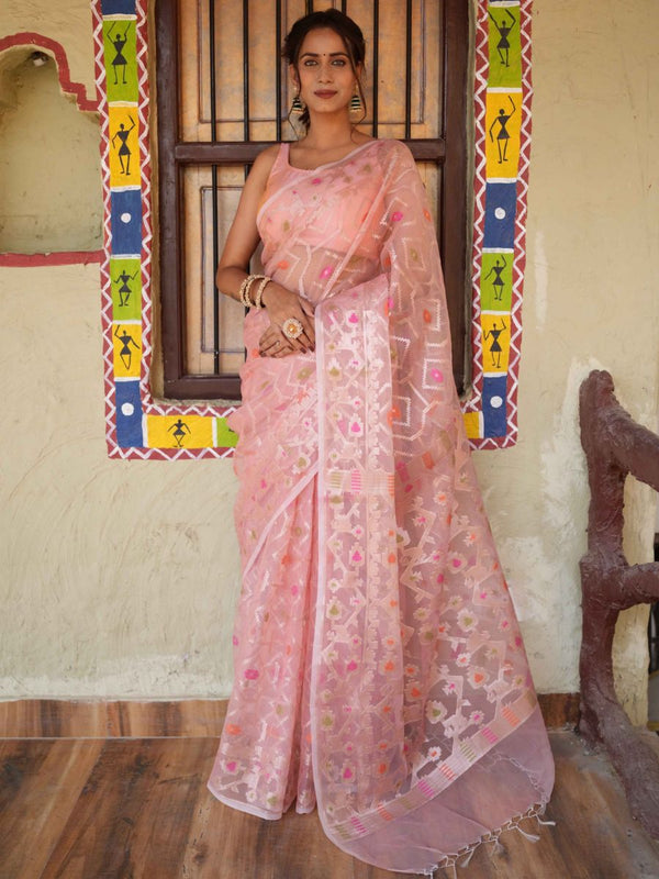 Banarasee Organza Mix Saree With Zari Jaal Design-Peach