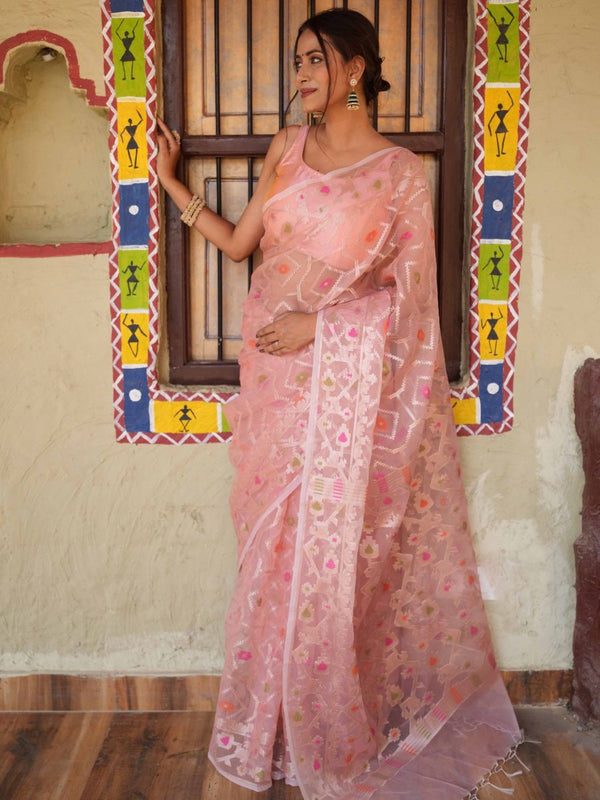 Banarasee Organza Mix Saree With Zari Jaal Design-Peach