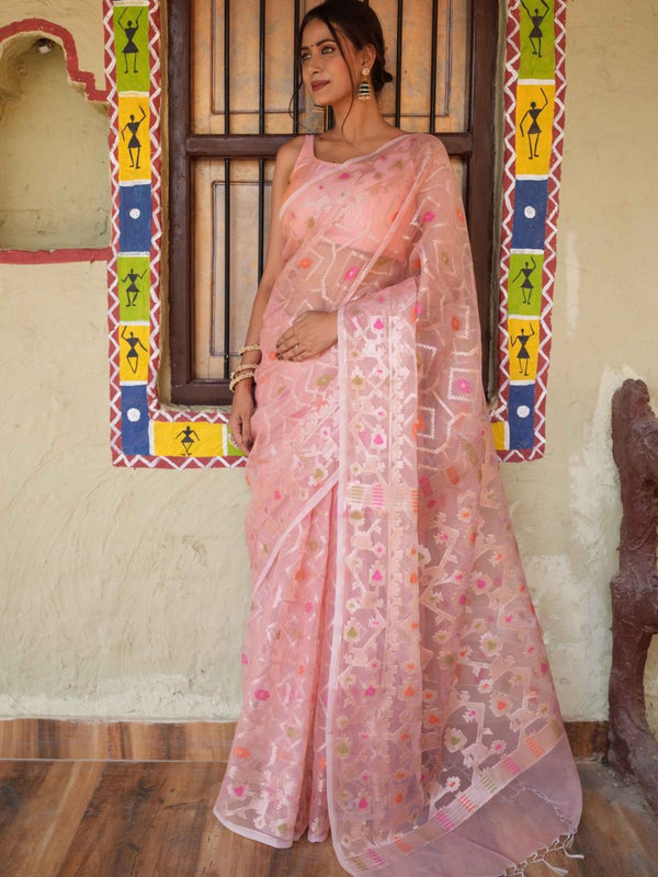 Banarasee Organza Mix Saree With Zari Jaal Design-Peach