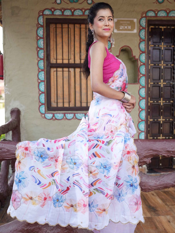 Banarasee Organza Silk Floral Printed Saree With Scallop Border-White