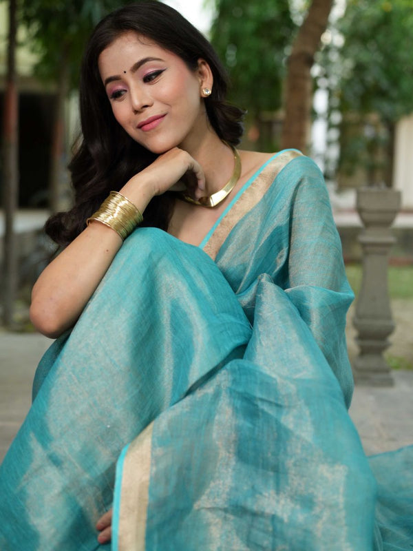 Banarasee Handloom Linen By Tissue Metallic Shine Saree-Green