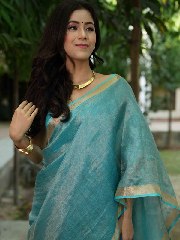 Banarasee Handloom Linen By Tissue Metallic Shine Saree-Green