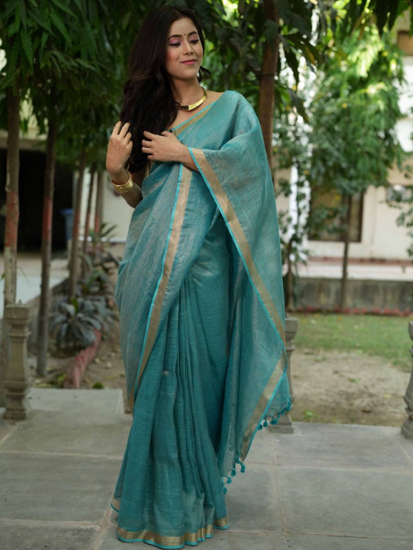 Banarasee Handloom Linen By Tissue Metallic Shine Saree-Green