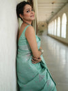 Banarasee Handloom Linen Saree With Mirror Work-Sea Green