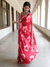Banarasee Handwoven Satin Floral Printed Saree With Handwork & Scallop Border-Red
