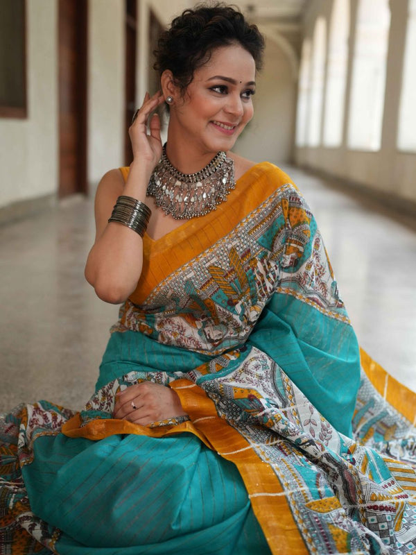 Bhagalpur Cotton Silk Ghichha Work Saree With Madhubani Print-Green & Yellow