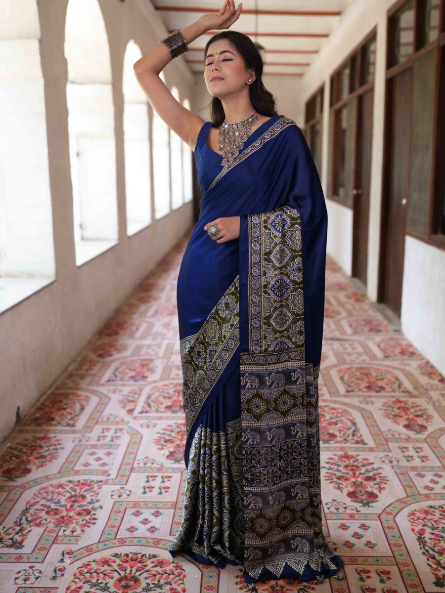 Banarasee Handwoven Satin Block Printed Saree-Blue