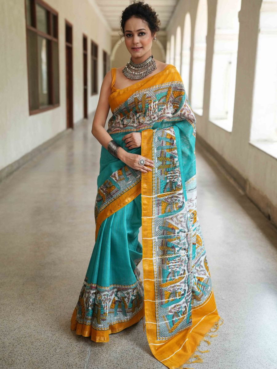 Bhagalpur Cotton Silk Ghichha Work Saree With Madhubani Print-Green & Yellow
