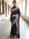 Banarasee Handwoven Semi Silk Saree With Zari Buti Design & Lace-Black