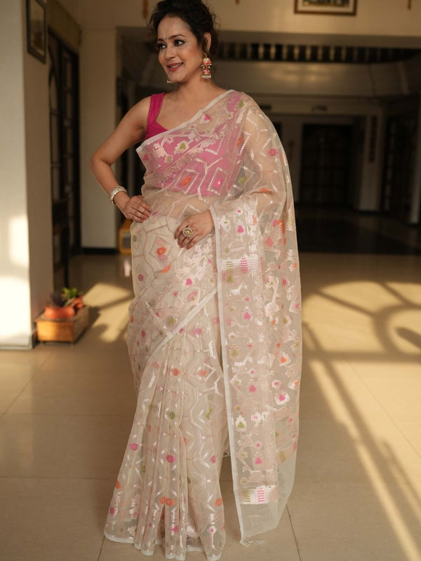 Banarasee Organza Mix Saree With Zari Design-Beige