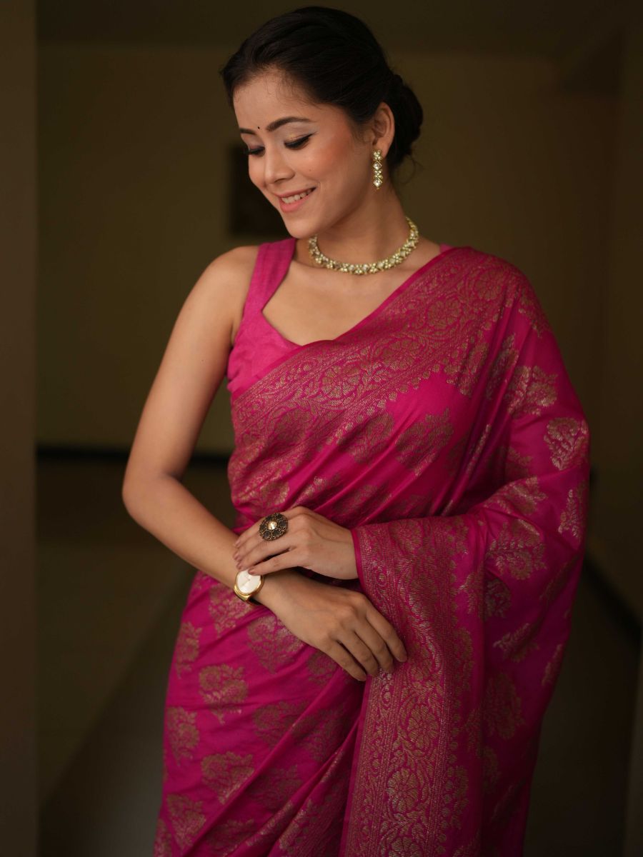 Banarasee Semi-Chiffon Saree With Antique Zari Work-Pink