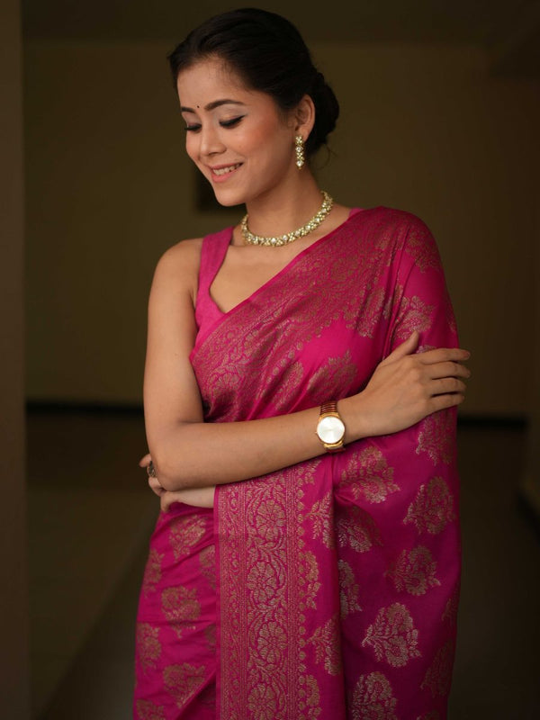 Banarasee Semi-Chiffon Saree With Antique Zari Work-Pink