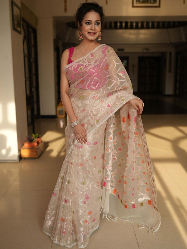 Banarasee Organza Mix Saree With Zari Design-Beige