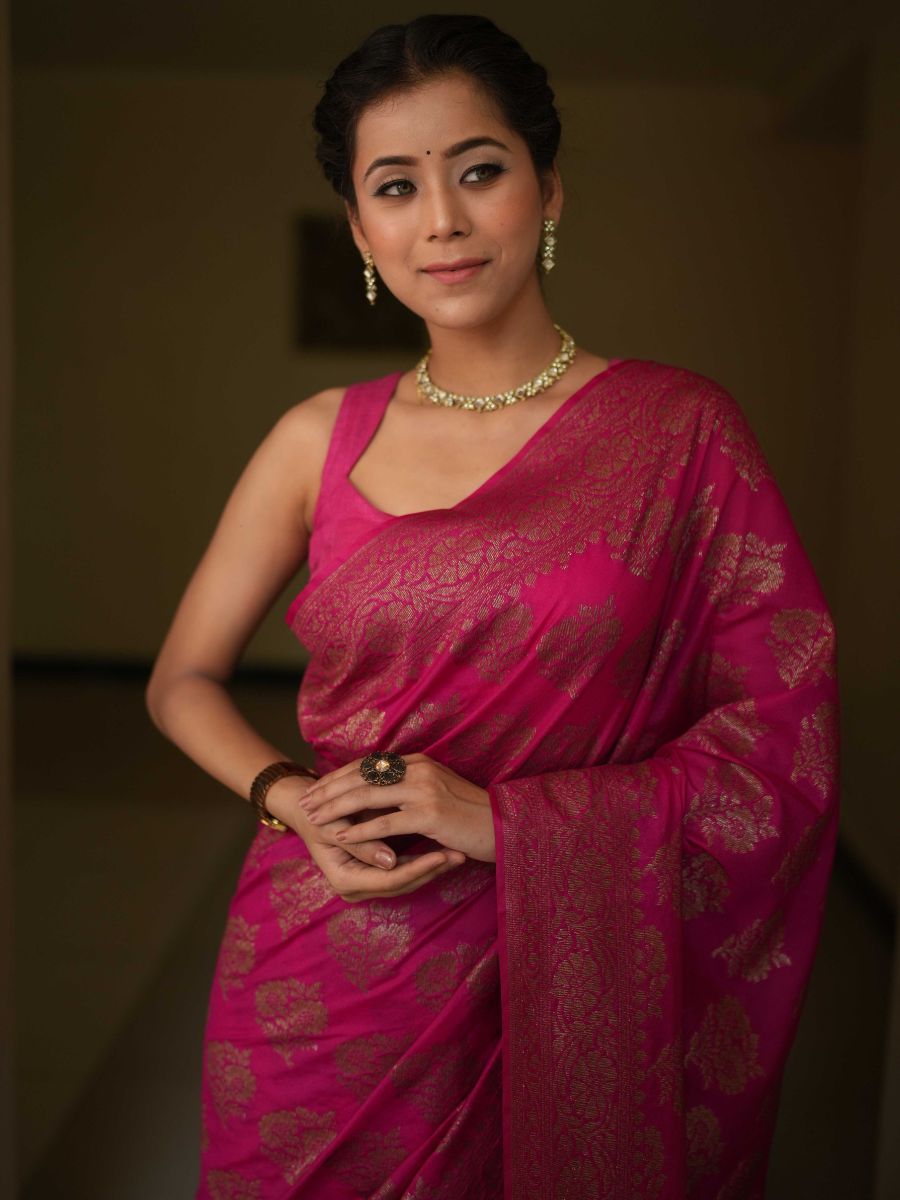 Banarasee Semi-Chiffon Saree With Antique Zari Work-Pink