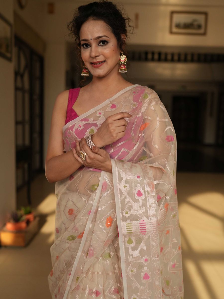 Banarasee Organza Mix Saree With Zari Design-Beige