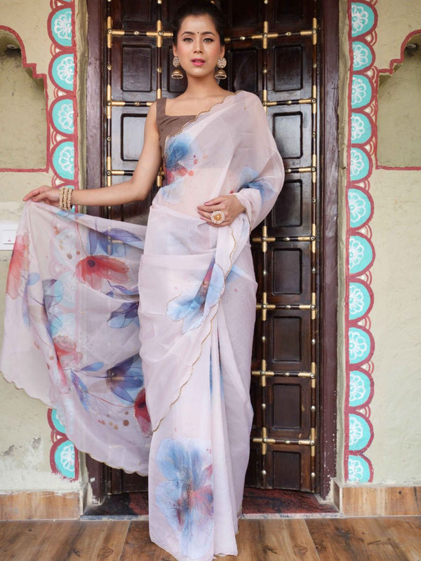 Banarasee Organza Silk Floral Printed Saree With Scallop Border-Cream