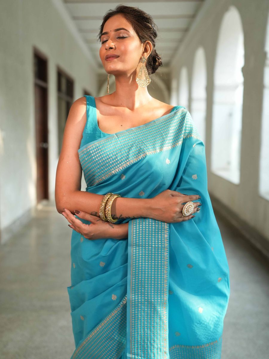Banarasee Handwoven Cotton Silk Saree Zari Buti & Border-Light Blue