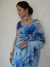 Banarasee Organza Silk Floral Printed Saree With Scallop Border-Light Blue