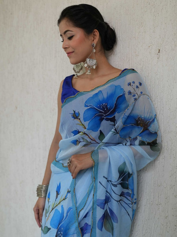 Banarasee Organza Silk Floral Printed Saree With Scallop Border-Light Blue