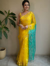 Banarasee Organza Saree With Gold Zari Jaal Design & Dual Color-Yellow & Green