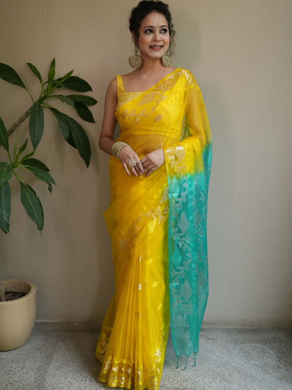 Banarasee Organza Saree With Gold Zari Jaal Design & Dual Color-Yellow & Green