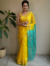 Banarasee Organza Saree With Gold Zari Jaal Design & Dual Color-Yellow & Green