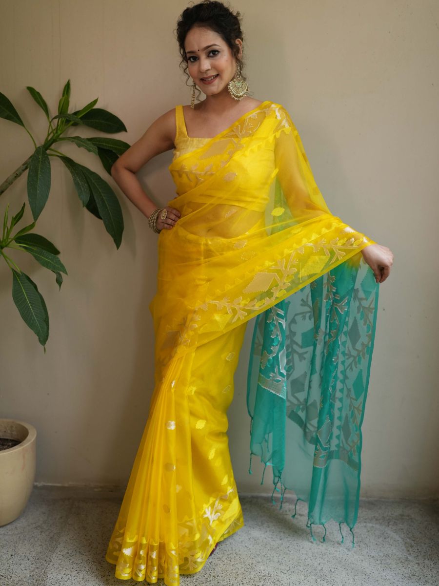 Banarasee Organza Saree With Gold Zari Jaal Design & Dual Color-Yellow & Green