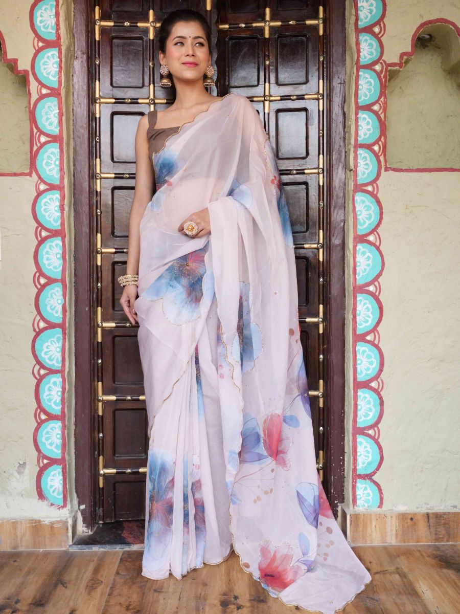Banarasee Organza Silk Floral Printed Saree With Scallop Border-Cream