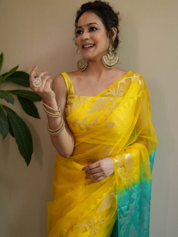 Banarasee Organza Saree With Gold Zari Jaal Design & Dual Color-Yellow & Green