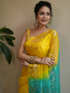 Banarasee Organza Saree With Gold Zari Jaal Design & Dual Color-Yellow & Green