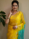 Banarasee Organza Saree With Gold Zari Jaal Design & Dual Color-Yellow & Green
