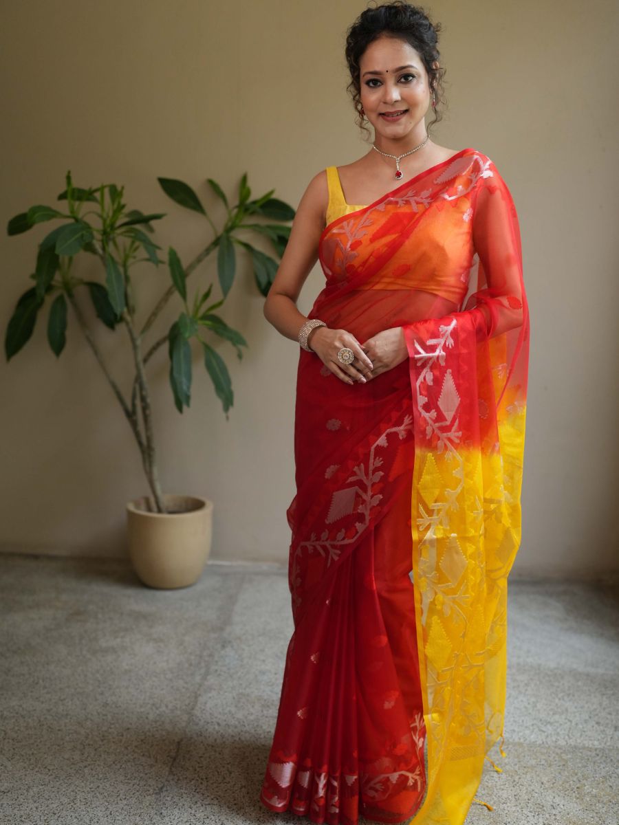 Banarasee Organza Saree With Gold Zari Jaal Design & Dual Color-Red & Yellow