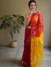 Banarasee Organza Saree With Gold Zari Jaal Design & Dual Color-Red & Yellow