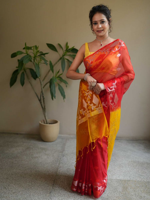 Banarasee Organza Saree With Gold Zari Jaal Design & Dual Color-Red & Yellow