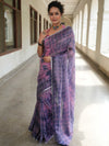 Bhagalpur Handloom Pure Linen Cotton Hand Dyed Shibori Pattern Saree-Purple & Pink