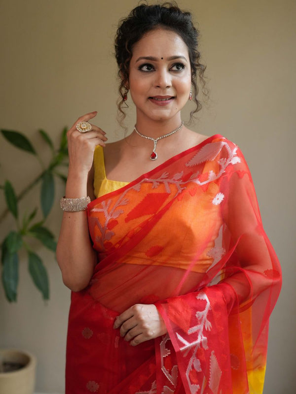 Banarasee Organza Saree With Gold Zari Jaal Design & Dual Color-Red & Yellow