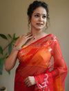 Banarasee Organza Saree With Gold Zari Jaal Design & Dual Color-Red & Yellow